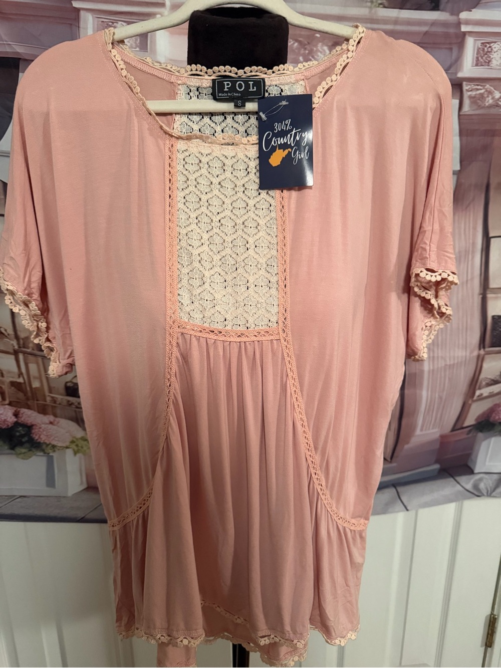 POL Peach Lace-Trim Short Sleeve Tunic
